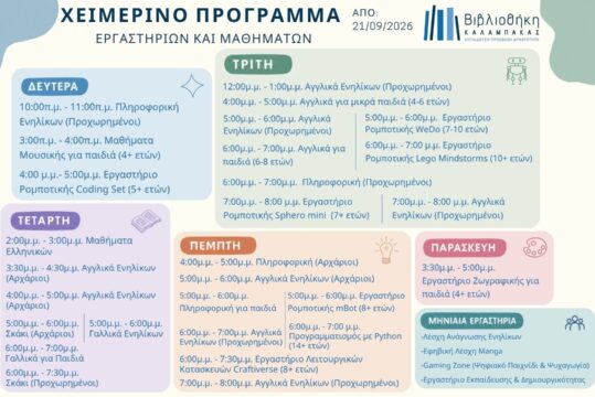 Έναρξη Χειμερινού Προγράμματος Εργαστηρίων και Μαθημάτων